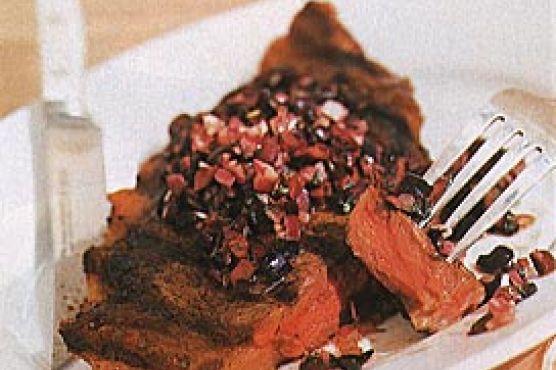 Grilled Strip Steaks with Olive-Oregano Relish