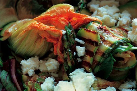 Grilled Zucchini with White Cheese and Zucchini Flowers