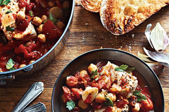 Halibut and Chorizo Stew with Garlic Toasts