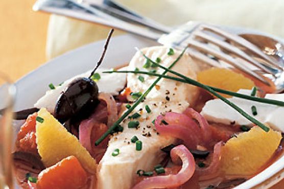 Halibut Steamed with Oranges, Tomatoes, and Olives