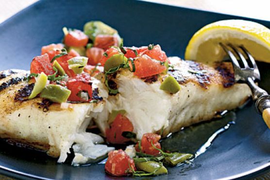 Halibut with Grilled Tomato and Olive Relish