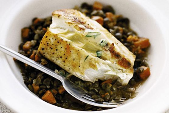 Halibut with Lentils and Mustard Sauce