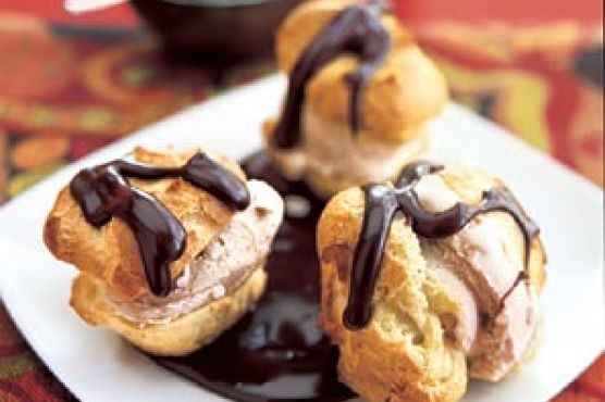 Hazelnut Gelato Profiteroles with Warm Kahlua Sauce