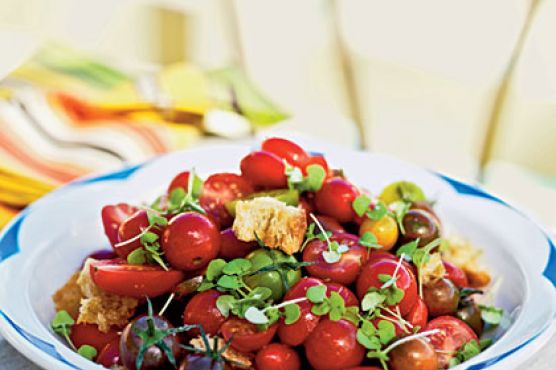 Heirloom Tomato, Baby Basil, and Sourdough Salad
