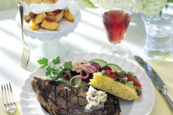 Hickory-Grilled Rib-Eye Steaks with Bacon-Molasses Butter