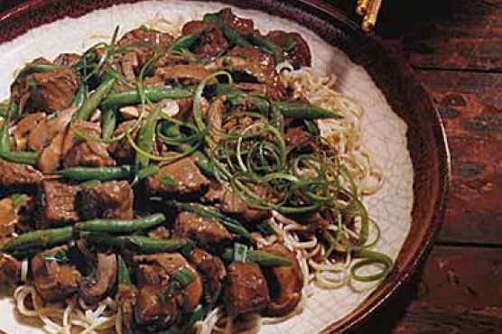 Hoisin-Braised Pork, Mushrooms and Green Beans on Noodles