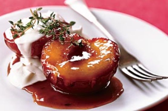 Honey-Roasted Plums with Thyme and Crème Fraîche