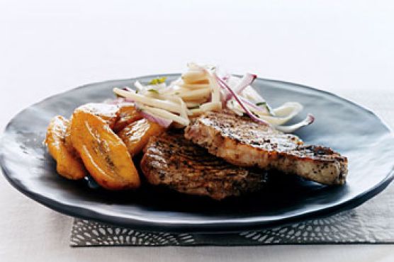 Jerk Pork Chops with Hearts of Palm Salad and Sweet Plantains