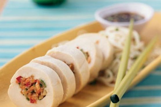 Julienne Vegetable-Stuffed Chicken with Ginger-Hoisin Sauce