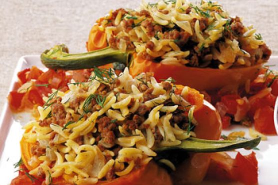 Lamb and Orzo Stuffed Pepper with Chunky Tomato Sauce