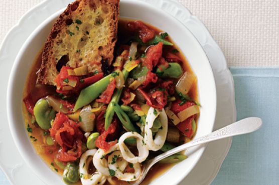 Late Summer Tomato Soup with Shell Beans, Squid Rings and Parsley