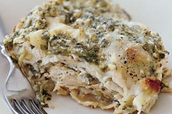 Layered Chicken Enchiladas with Tomatillo-Cilantro Sauce