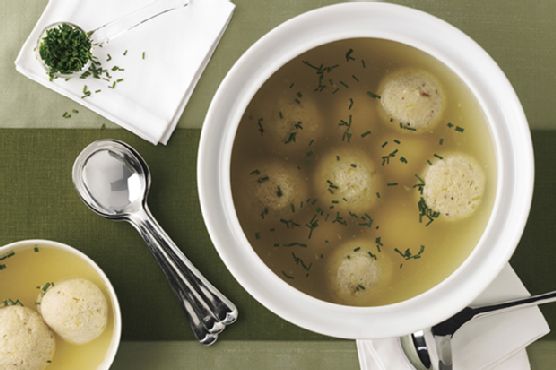 Leek and Ginger Matzo Balls in Lemongrass Consommé