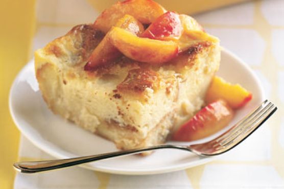 Lemon-Spice Bread Pudding with Sauteed Peaches