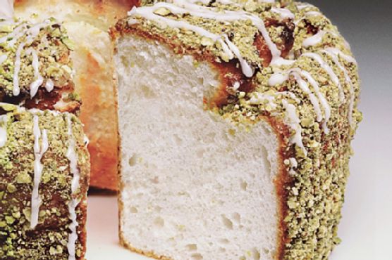 Lime Angel Food Cake with Lime Glaze and Pistachios