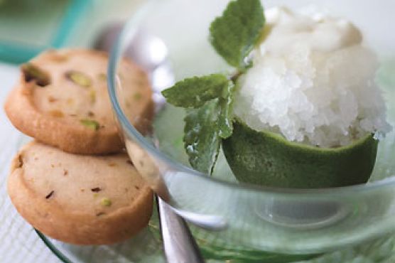 Lime Granita with Candied Mint Leaves and Crème Fraîche