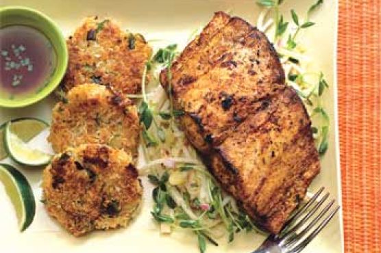 Mahi-Mahi with Lemongrass Slaw and Rice Fritters