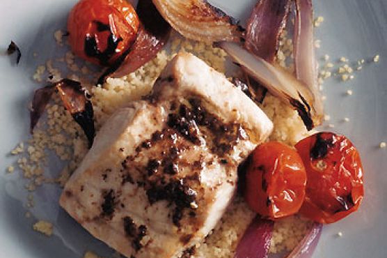 Mahimahi with Charred Onion, Tomatoes, and Tapenade Vinaigrette