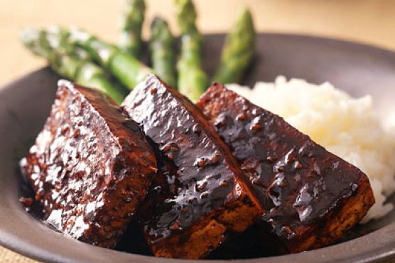 Marinated Tofu with Sticky Rice and Asparagus