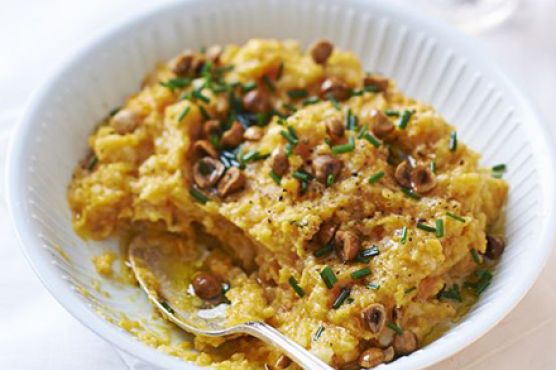 Mashed peppered roots with toasted hazelnuts