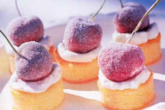 Miniature Almond Cakes with Sugared Cherries and Kirsch Cream