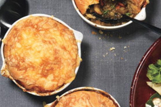 Mushroom and Lentil Pot Pies with Gouda Biscuit Topping