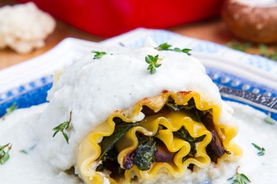 Mushroom Lasagna Roll Ups in Creamy Gorgonzola Cauliflower Sauce