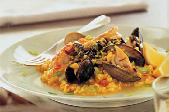 Mussels, Clams and Shrimp with Saffron Risotto and Green Olive Relish