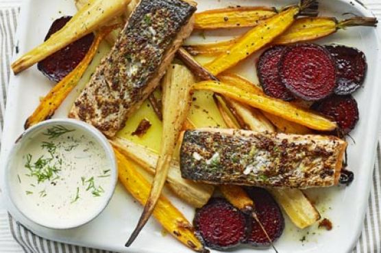 Mustard salmon & veg bake with horseradish sauce