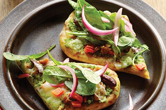 Naan Pizzas with Broccoli Pesto and Arugula Salad