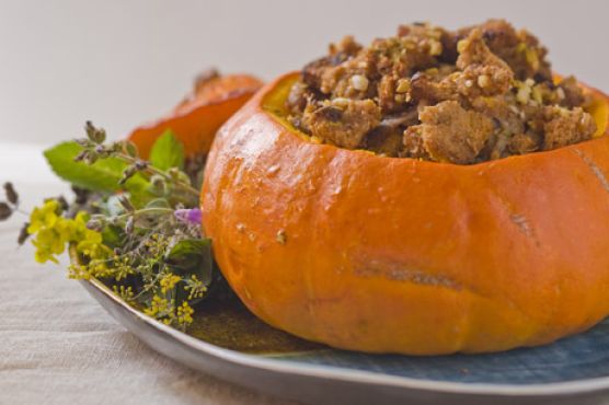 Neo-Classical Thanksgiving Dressing with Apricots and Prunes, Stuffed in a Whole Pumpkin