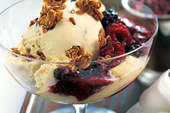 Oatmeal Praline Ice Cream with Warm Berry Sauce