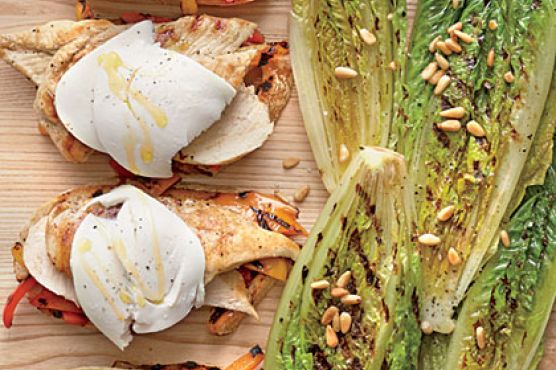 Open-face Grilled Chicken-and-Pepper Sandwiches with Grilled Romaine Wedges