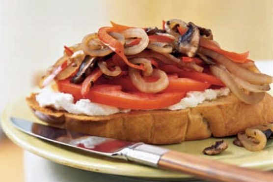 Open-Faced Mushroom, Tomato, and Goat-Cheese Sandwich