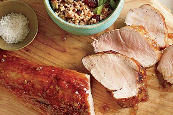 Orange-Glazed Pork Tenderloin with Cranberry Tabbouleh with Snap Pea Sauté