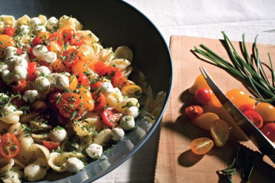 Orecchiette with Fresh Mozzarella, Grape Tomatoes, and Garlic Chives