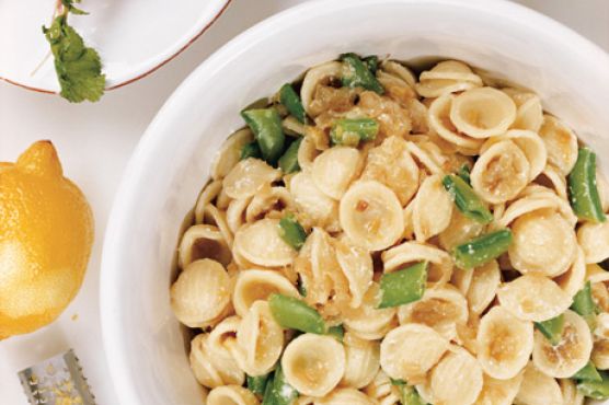 Orrechiette with Caramelized Onions, Sugar Snap Peas, and Ricotta Cheese