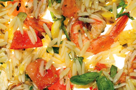 Orzo with Grilled Shrimp, Summer Vegetables, and Pesto Vinaigrette