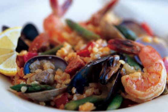Paella with Asparagus and Sugar Snap Peas