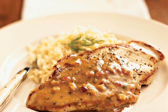 Pan-Roasted Chicken Cutlets with Maple-Mustard Dill Sauce