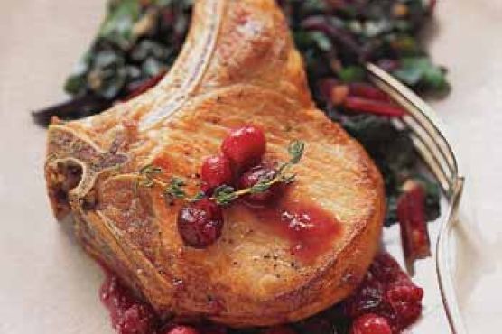 Pan-Roasted Pork Chops with Cranberries and Red Swiss Chard