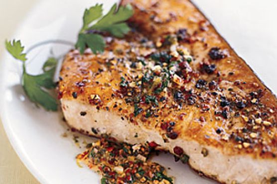 Pan-Roasted Swordfish Steaks with Mixed-Peppercorn Butter