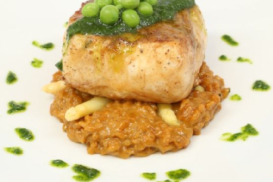 Pan-Seared Halibut with White Asparagus Risotto and Pea Purée