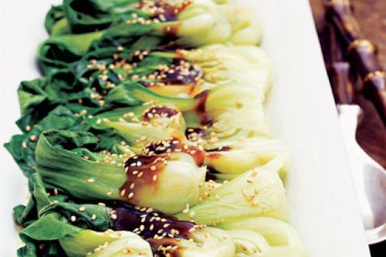 Pan-Steamed Asian Greens with Shiitake Sauce