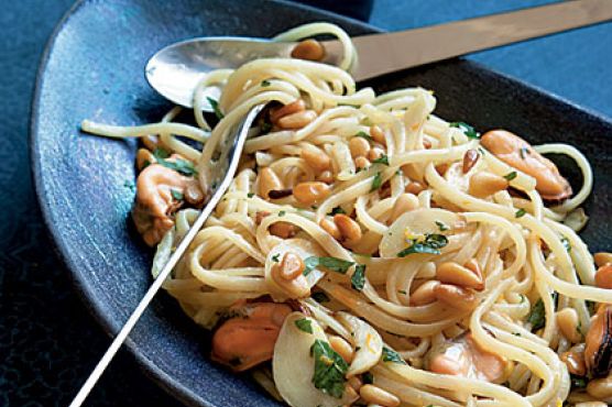Pasta with Mussels, Pine Nuts, and Orange