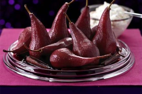 Pears in port with meringue cream