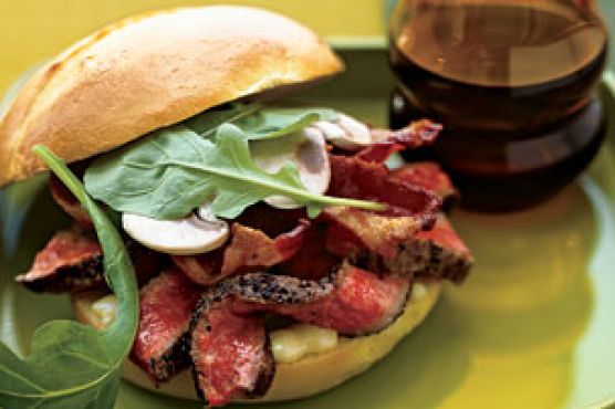 Pepper-Crusted Beef, Bacon, and Arugula Sandwiches with Spicy Mustard