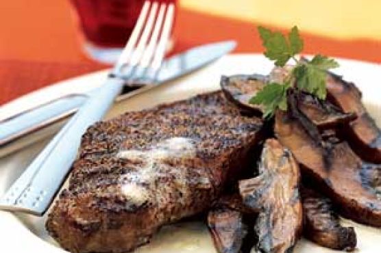 Pepper-Crusted Steaks with Worcestershire-Glazed Portobellos
