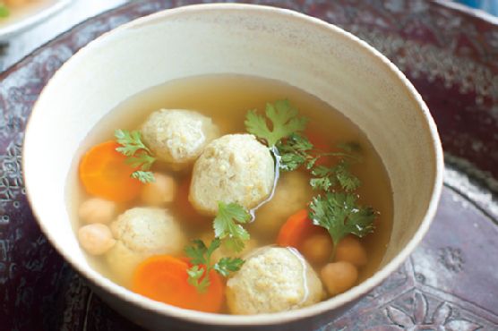 Persian "Matzoh Balls" with Chickpeas and Chicken (Gondi)