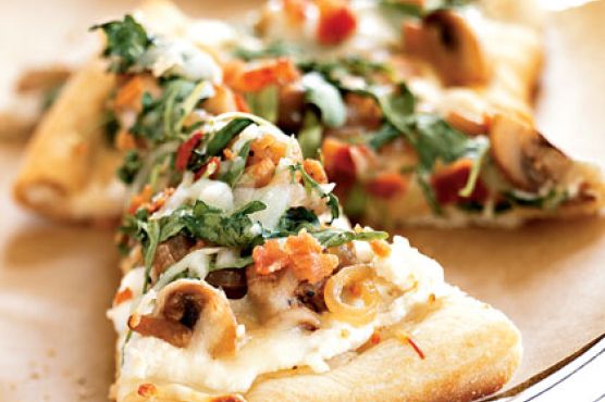 Pizza Bianca with Arugula, Bacon, and Mushrooms